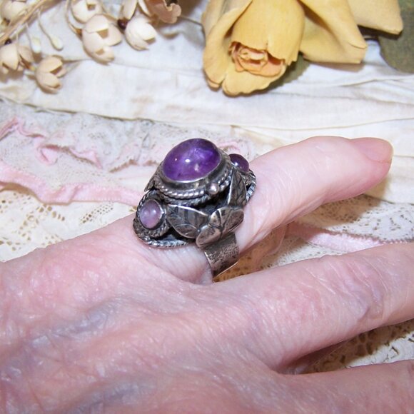 Made in Mexico Mexican Sterling Silver Amethyst Poison Ring - Adjustable 6 - Picture 5 of 9